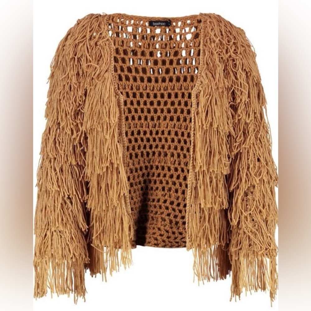 Boohoo Plus Shaggy Knit Cropped Fringe Cardigan